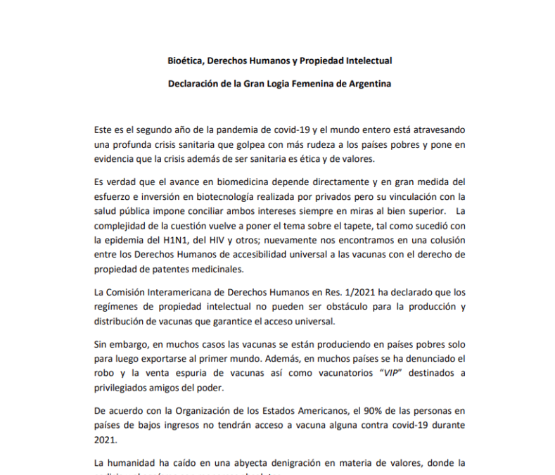 Declaración de la Gran Logia Femenina de Argentina – Bioética, Derechos Humanos y Propiedad Intelectual